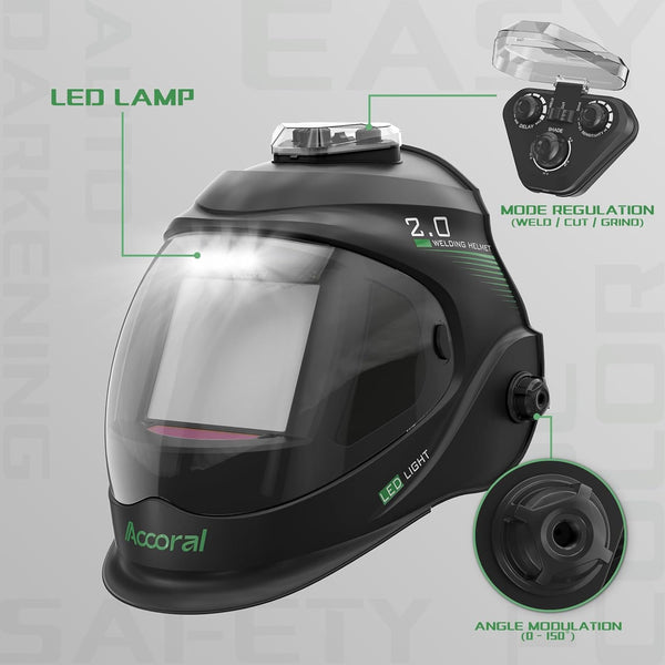 Panoramic View Auto Darkening Welding Helmet with Lightï¼1/1/1/1 True Color Solar Powered Welding Hood Maskï¼4 Arc Sensor Wide Shade for TIG MIG ARC