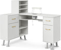 Paddie L-Shaped Manicure Table Nail Station with Shelves, Nail Tech Table Nail Table Station W/Dust Collector, Storage Cabinets, Drawers, Metal