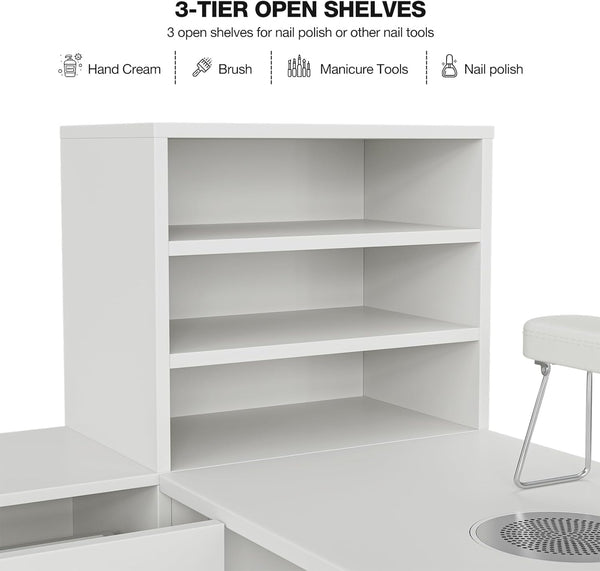 Paddie L-Shaped Manicure Table Nail Station with Shelves, Nail Tech Table Nail Table Station W/Dust Collector, Storage Cabinets, Drawers, Metal