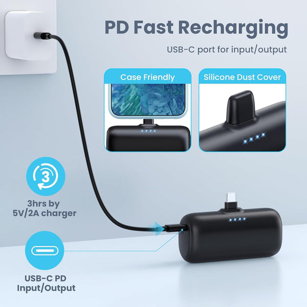 Mini Portable Charger USB C Power Bank,5200Mah 15W PD Phone Charger for Iphone,Ultra-Compact Plug in Battery Pack Compatible with Iphone
