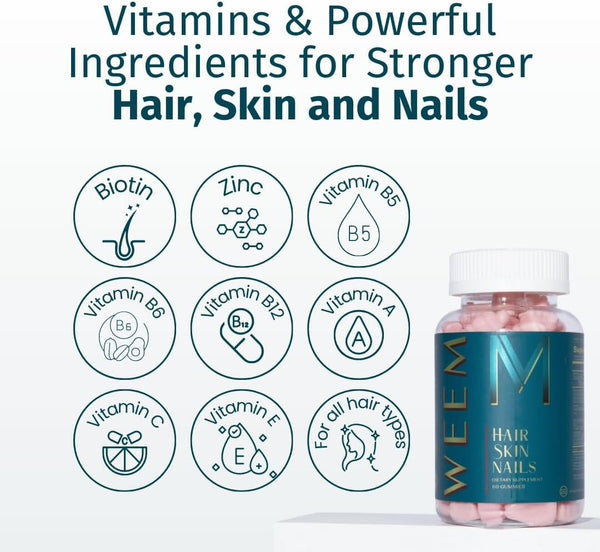 WEEM Hair Skin and Nails Gummies - Supports Healthy Hair - Vegan Biotin Vitamins for Women & Men Supports Faster Hair Growth, Stronger Nails,