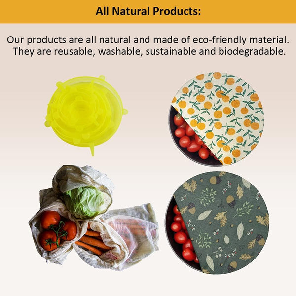 Reusable Beeswax Food Wrap- Silicone Stretch Lids - Reusable Produce Bags, Eco Friendly Food Storage, Dishwasher & Freezer Safe, Reusable Grocery