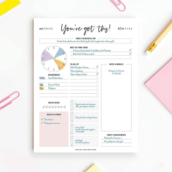 Bliss Collections Daily Planning Pad, to Do List Notebook - Undated Tear-Off Sheets Notepad - Work Calendar, Organizer, Scheduler for Goals, Tasks