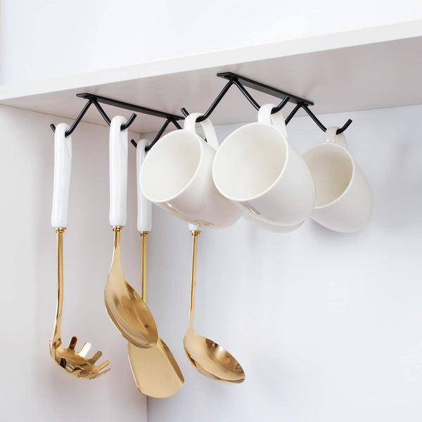 Cabinet Hook Mug Holder - Hanging Coffee Cup Rack for Kitchen, under Cabinets Metal Hangers Organizer Shelf Storage Utensil ?Black?