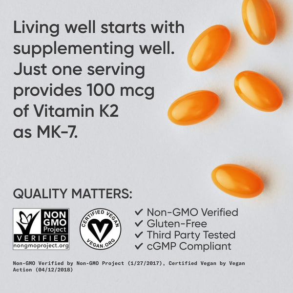Sports Research Vitamin K2 as MK7 with Organic Coconut MCT Oil | Non-Gmo Verified, Vegan Certified (60 Veggie-Softgels)
