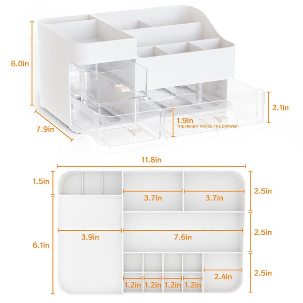 White Makeup Organizer with 3 Drawers, Large Capacity Plastic Cosmetic Storage for Dresser and Vanity, Ideal for Beauty, Perfume, Brushes,
