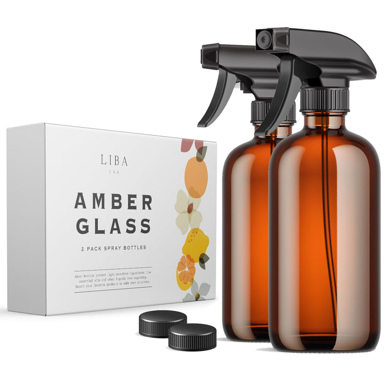 Liba Amber Glass Spray Bottles 2 Pack, 16 Oz Refillable Empty Spray Bottle for Cleaning, Essential Oils, Hair, Plants, Adjustable Nozzle for