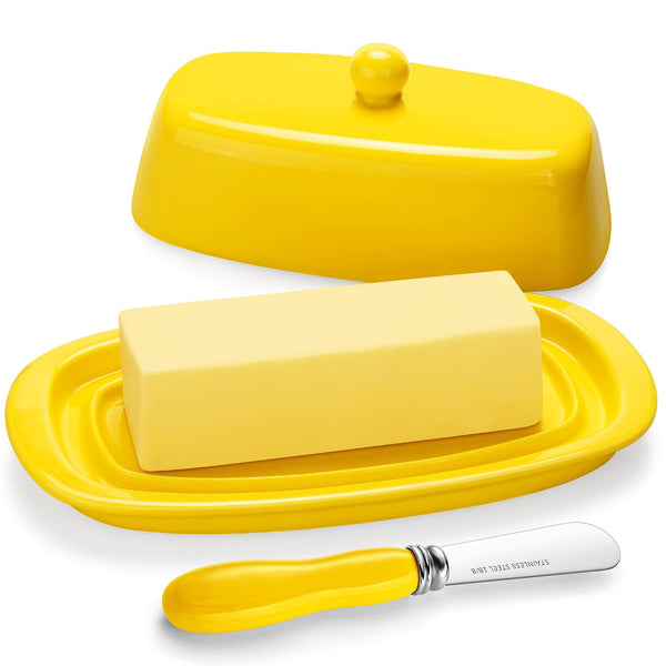 Yedio Ceramic Butter Dish with Lid for Countertop Refrigerator, 8 Inch Butter Holder with Porcelain Cover Knob Handle for East West Coast Butter