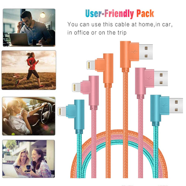 Iphone Charger, 3 Pack 10FT 90 Degree Charging Cable Mfi Certified USB Lightning Cable Nylon Braided Fast Charging Cord Compatible for Iphone