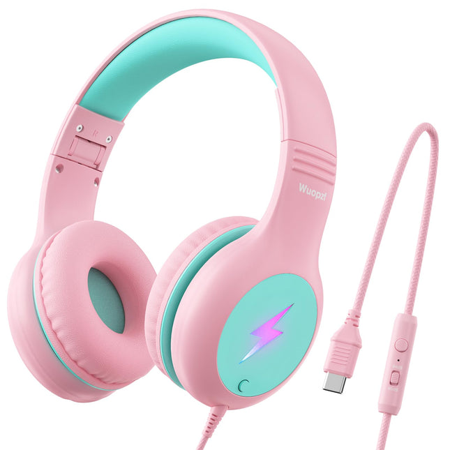 Kids USB C Headphones for School, 2025 Upgrade Safe Listening Wired Over-Ear Headphones with LED Lights, Volume Limiter 