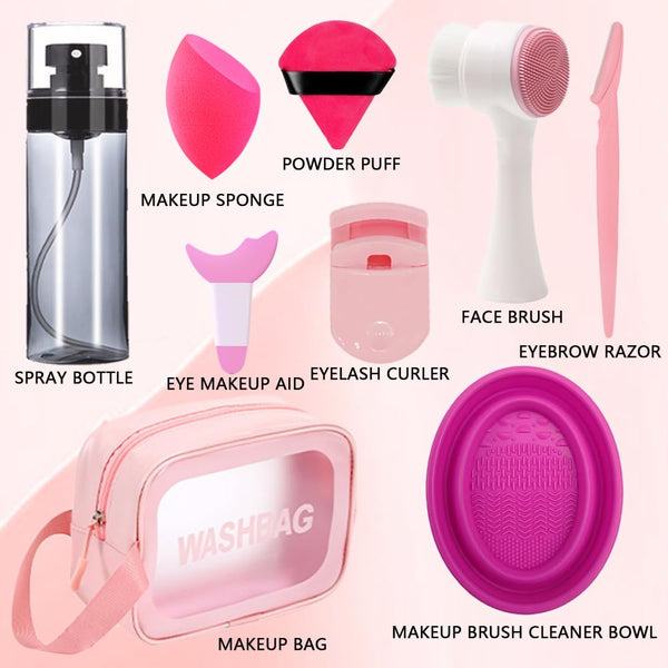 33PCS Makeup Foundation Brushes Tool Set with Sponges, Eyelash Curlers, Powder Puffs, Silicone Washing Bowls, Eye Aids, Nano Spray Bottles,