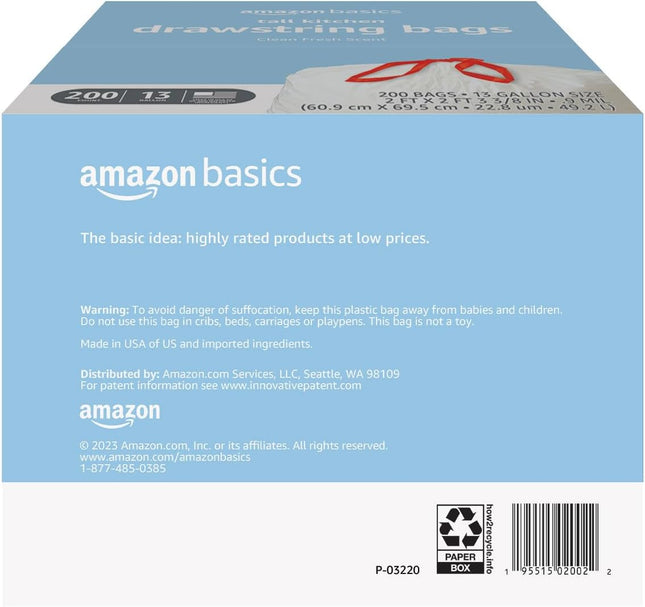Amazon Basics Scented Trash Bags, Tall Kitchen Drawstring, Clean Fresh Scent, 13 Gallon, 200 Count, Pack of 1