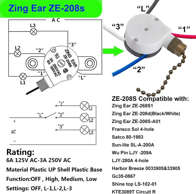 Ceiling Fan Switch Zing Ear Ze-208S E89885 3 Speed 4 Wire Pull Chain Switch with 4 Pre-Installed Wires Replacement Part 