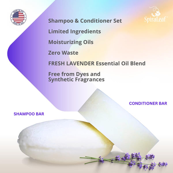 Spiraleaf Shampoo Bar & Conditioner Bar Set, FRESH LAVENDER Pure Essential Oils, Light Scent, Limited Ingredients, Concentrated Formula, Made USA,