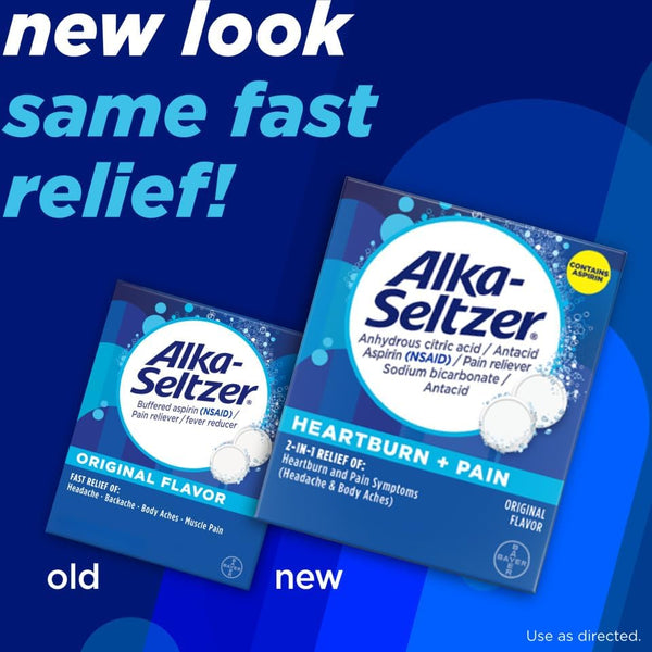 Alka-Seltzer Effervescent Tablets Original Flavor, Fast Multi-Symptom Relief from Headache and Body Ache, Dissolvable Effervescent Fizzy Tablets,