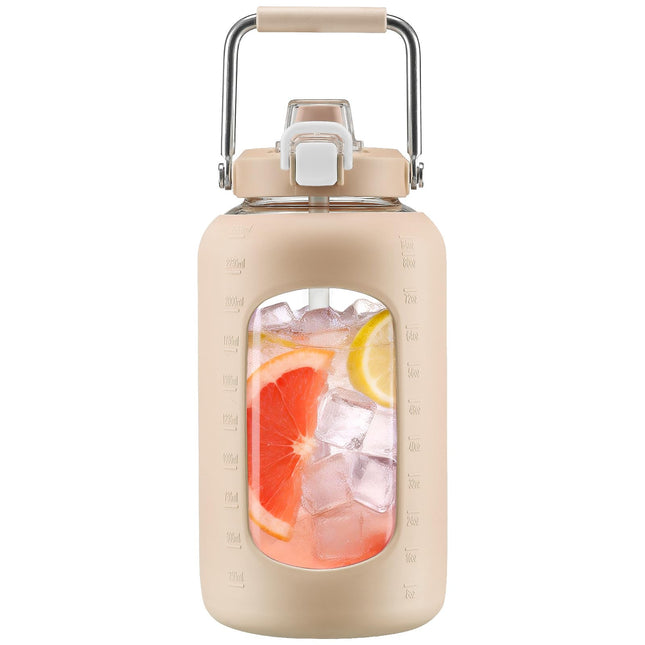 24Oz Glass Water Bottle with 2 Lids, Glass Tumbler with Silicone Sleeve, Drinking Bottles with Motivational Time Marker,