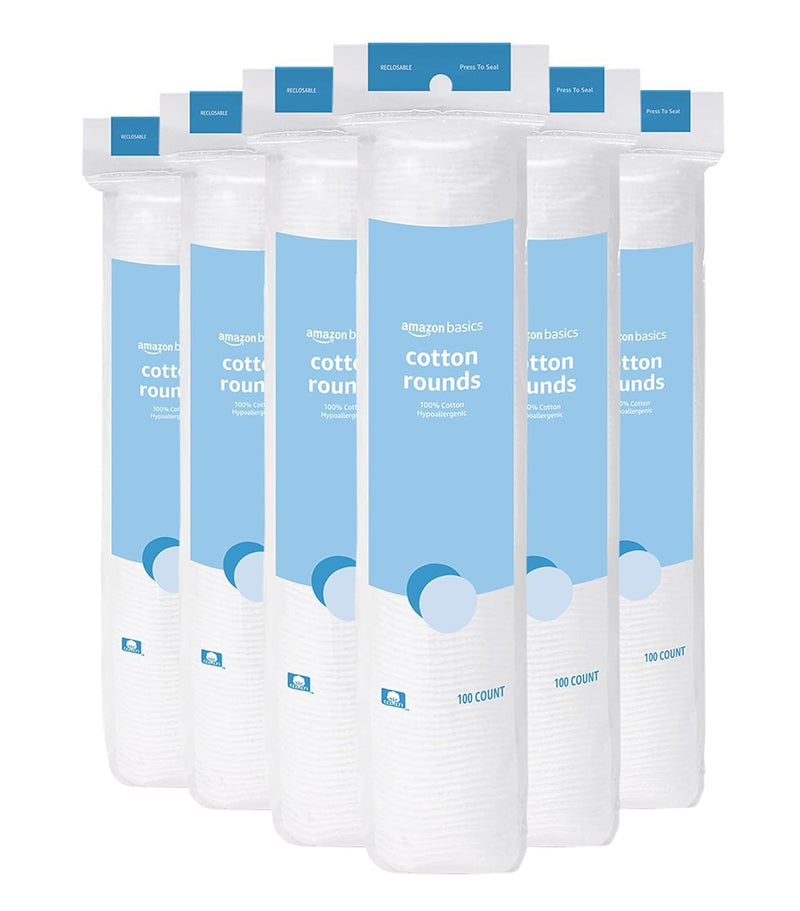 Amazon Basics Hypoallergenic 100% Cotton Rounds for Makeup Removal and Skincare, 600 Count, 6 Packs of 100 Count