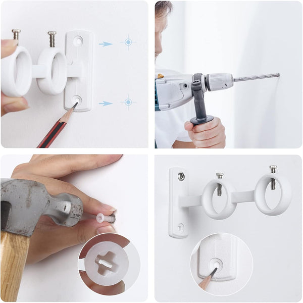 Goowin Double Curtain Rod Holder, 2Pcs Brackets Hooks for Living Room, Bedroom Drapery Rods (White)