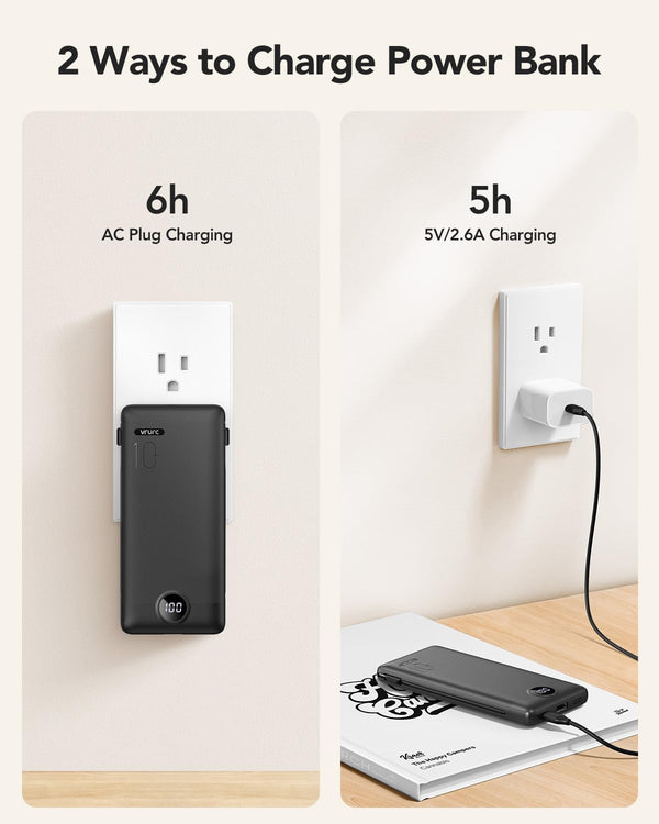 VRURC Portable Charger Built-In Cables and AC Wall Plug, USB C Power Bank 10000Mah, Travel Essentials Phone Charger Compact Lightweight External
