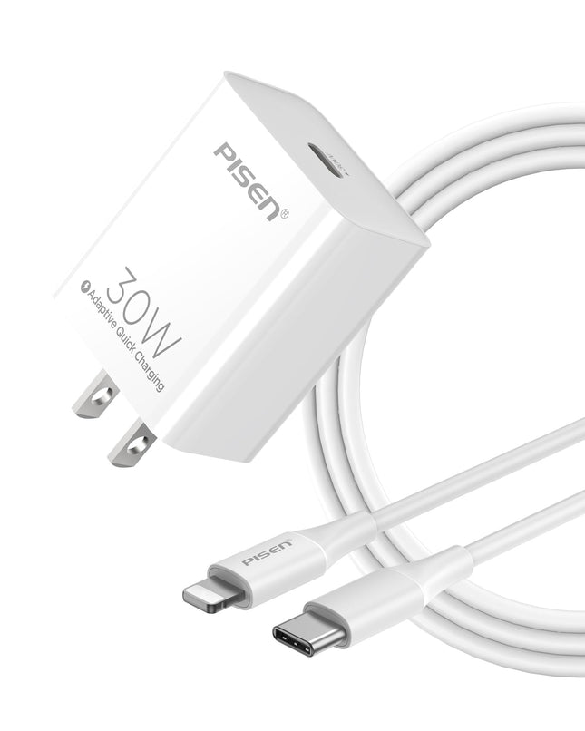 PISEN 30W USB C Charger - USB C Fast Charger Block, PD3.0 Wall Charger with 4FT Type C to L Cable, 30W Power Adapter for