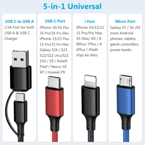 Puxnoin Multi Charging Cable 5 in 1, 2Pack 4FT USB C Multi Charger Cable Universal Multiple Charging Cord with USB C/Micro USB Connectors for Most