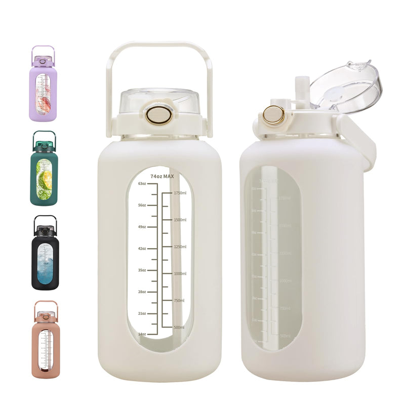 74 Oz Glass Water Bolttles with Straw Large Motivational Water Bottle with Time Marker Sports Water Bottles with Silicone Sleeve and Handle Lid