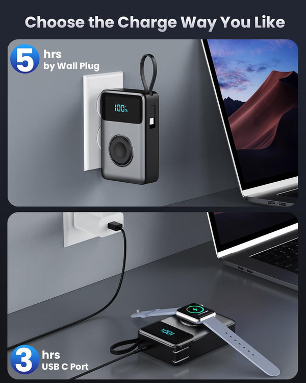4-In-1 Portable Charger with Built-In Wall Plug&Usb-C Cables,10800Mah Power Bank with Iwatch Charger,Qc4.0+Pd 25W Fast Charging Battery