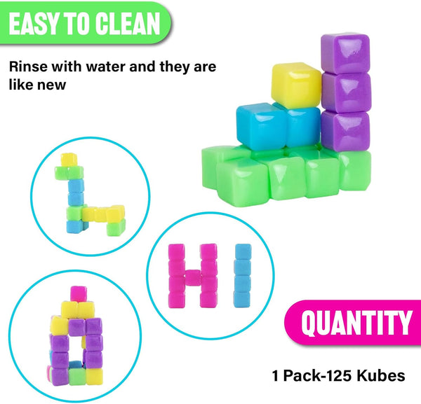 KOMARC GAMES Stickikubes, Mini Stacking Cubes That Stick to Anything, Non Toxic Kid Safe Sticky Blocks, Creative Construction Toy - 125 Cubes, 5