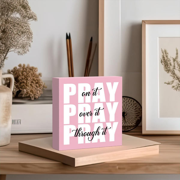 Pink Office Desk Accessories Decor Sign, Dorm Room and Bathroom Decor for Women, Inspirational Christian Gifts for Boss, Pray on It Wooden Sign