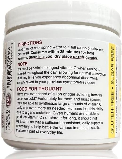 Sufficient-C High Dose Non-Gmo Vitamin C Lemon Peach Immune-Ade Drink Mix, Convenient 125 Gram Size W/L-Lysine, Bromelain & a Premium 96% Pure
