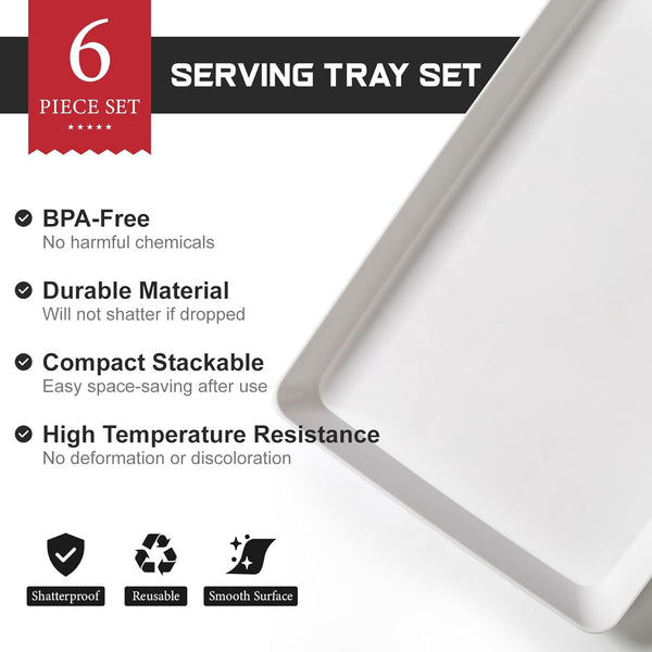 6 Pack, 16" X 11" Large White Serving Trays Set - Reusable Plastic Serving Platters for Cookie, Appetizer, Charcuterie, Snack, Dessert, Party Food