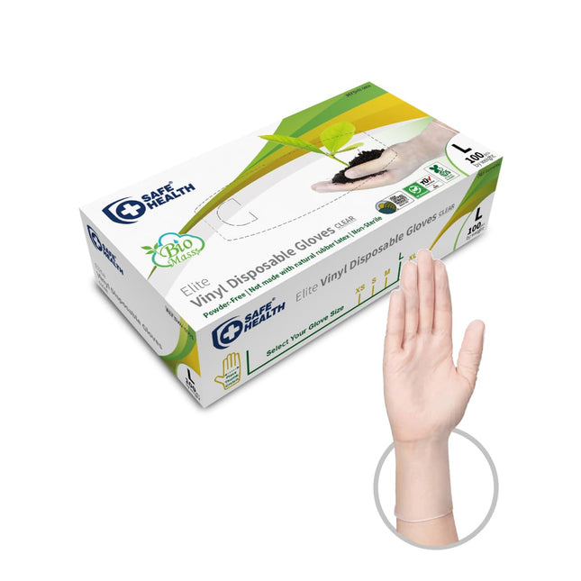 Safe Health Biomass Eco-Friendly Vinyl Disposable Gloves, USDA Certified Biobased Product, Latex Free, Powder Free, Clea