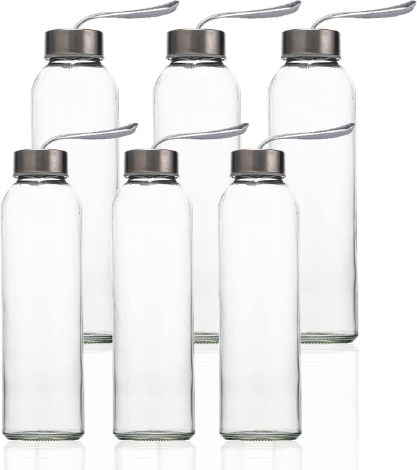 Suresave Glass Water Bottles with Stainless Steel Lids and Sleeves | 18 Oz Reusable Glass Bottles with Carrying Loop for Eco-Friendly Travel
