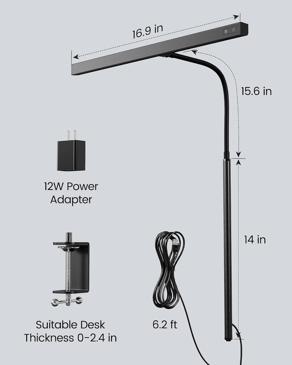 SUPERDANNY LED Desk Lamp for Office Home, Eye-Caring Desk Light with Adjustable Gooseneck, 12W Touch Control Dimmable Brightness, Architect Clamp