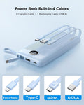 VRURC 10000Mah Power Bank Built-In Cables, Portable Charger with LED Display, Slim Travel Battery Pack with Cords, 5 Output Dual Input Phone