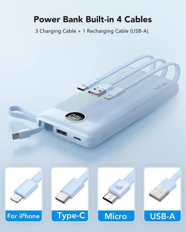 VRURC 10000Mah Power Bank Built-In Cables, Portable Charger with LED Display, Slim Travel Battery Pack with Cords, 5 Output Dual Input Phone