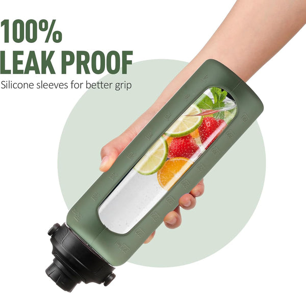 32Oz Glass Water Bottle with Straw and 2 Lids- Bamboo and Handle Spout Lid, Glass Drinking Bottles with Silicone Sleeve Motivational Time Marker