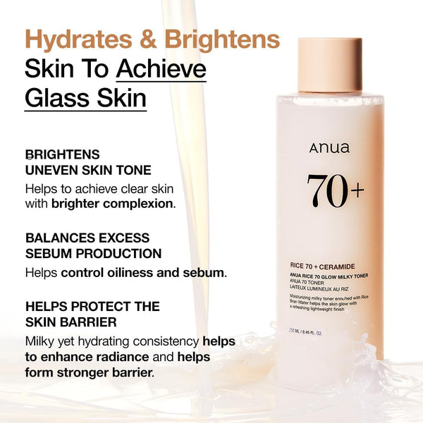 ANUA Rice 70 Glow Milky Toner, for Glass Skin, Rice Water, Niacinamide, Ceramides, Panthenol, Fragrance-Free, Non Comedogenic, Fungal Acne Safe,