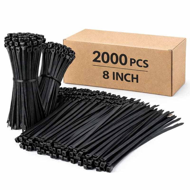 Black Zip Ties 8 Inch 2000 Pack Bulk Heavy Duty Self Locking Zipties 8" UV Resistant Nylon Cable Ties Wire Ties Wraps Tensile Strength 40 Lbs for