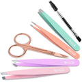 Tsmaddts 6 PCS Tweezers Set for Women, Eyebrow Tweezers with Curved Scissor for Ingrown Hair, Hair Plucking Daily Beauty Tools with Leather Travel