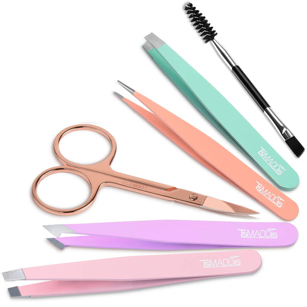 Tsmaddts 6 PCS Tweezers Set for Women, Eyebrow Tweezers with Curved Scissor for Ingrown Hair, Hair Plucking Daily Beauty Tools with Leather Travel