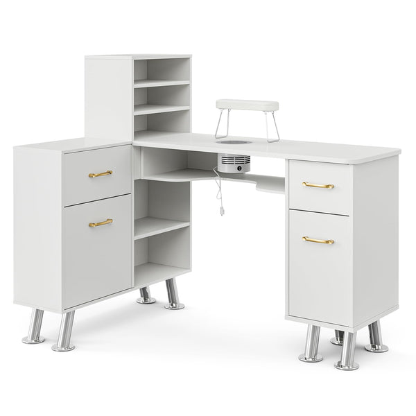 Paddie L-Shaped Manicure Table Nail Station with Shelves, Nail Tech Table Nail Table Station W/Dust Collector, Storage Cabinets, Drawers, Metal