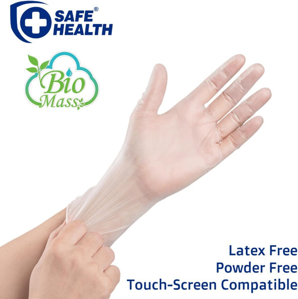 Safe Health Biomass Eco-Friendly Vinyl Disposable Gloves, USDA Certified Biobased Product, Latex Free, Powder Free, Clear, Box of 100, Large, 3