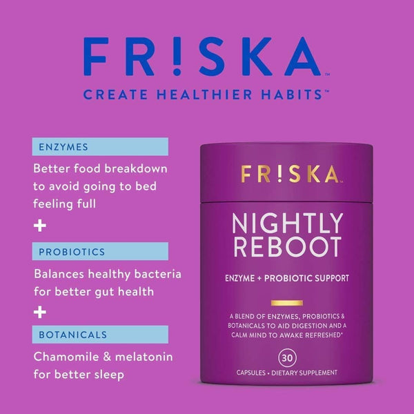 FRISKA Nightly Reboot Enzyme and Probiotics Supplement, Promotes Better Digestion and Sleep, Supports Gut Health for Men and Women, Melatonin,