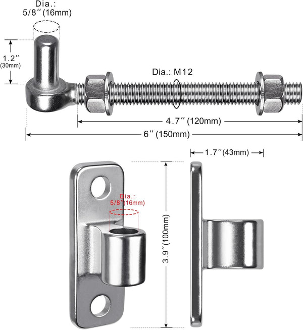 304 Stainless Steel Heavy Duty Gate Hinges, 6'' J Bolt Gate Hinge with Dia M12, 4Pack Welded Hinge for Farm Gate, One Piece Molded Gate Hinge for