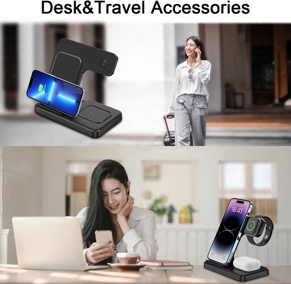Iphone Wireless Charger Fast Charging 3 in 1, Wireless Charging Station for Iphone/Iwatch/Airpods, Portable Cell Phone Charging Stand for Multiple