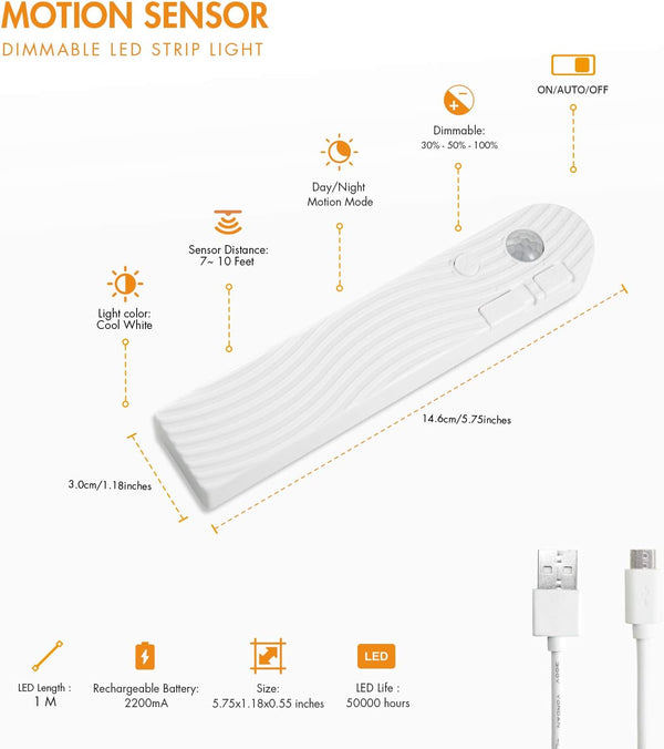 Sensky Motion Sensor Strip Lights Rechargeable Motion Activated LED Strip Light Dimmable Cabinet Light Strip for Wardrobe, Cabinet, Pantry,