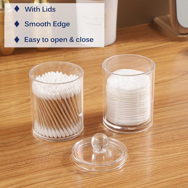 Qtip Holder Dispenser for Cotton Ball, Swab, round Pads - 10 Oz Clear Plastic Apothecary Jar Set for Bathroom Storage, V