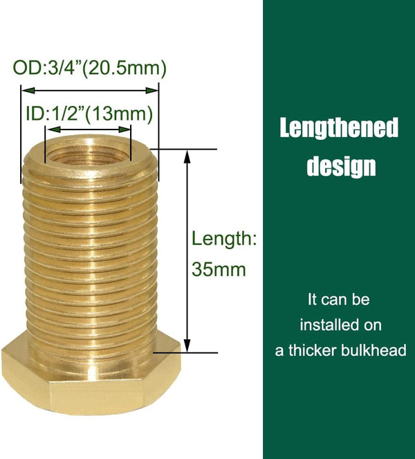 Joywayus Brass Full Thread Lengthened Bulkhead Fitting 1/4"NPT Female X 1/2" Male Bulk Head Pipe Fitting Bulkhead Tank Fitting Coupler (Pack of 2)