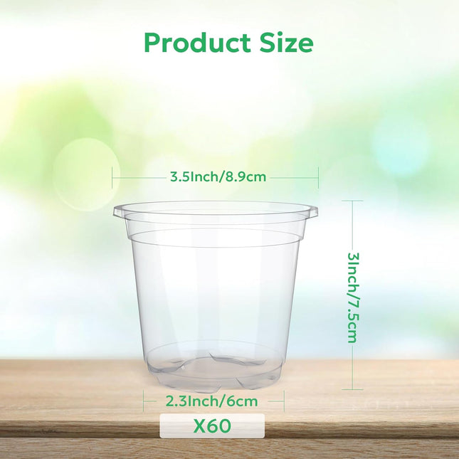 60 Packs 3.5 Inch Reinforced Clear Nursery Pots with Drainage Hole, Transparent Variety Pack Plastic Plant Pot Seedling 
